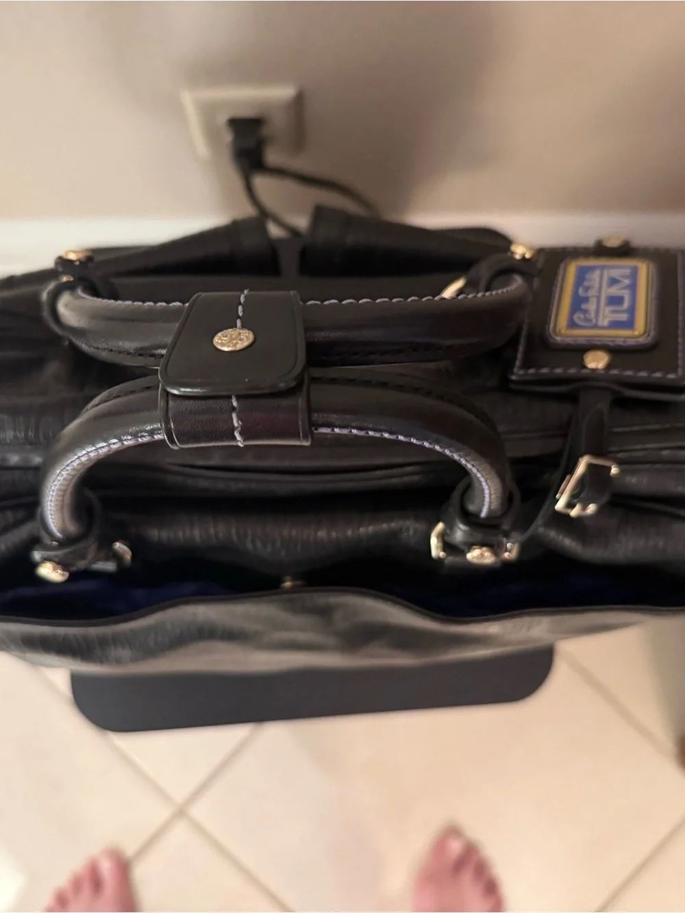 Tumi Carlos Falchi Black/Blue Leather Laptop Briefcase with Dual Front Pockets